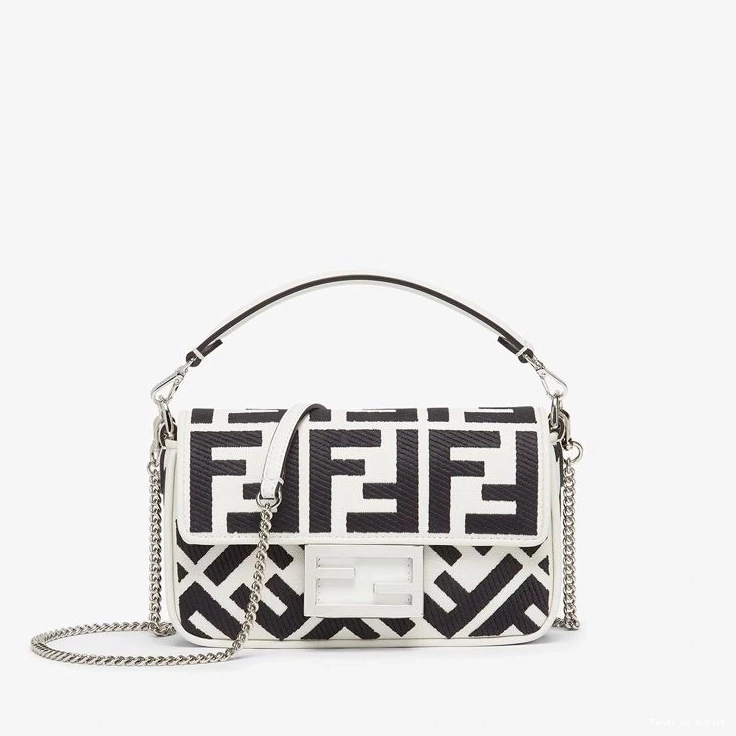 HOT Motif Bag Black FF Baguette Fendi White Canvas Mini In 0726